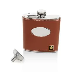 6oz Stainless Steel And Brown Leather Captive Top Hip Flask - A3320