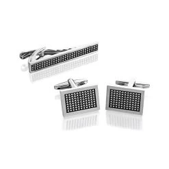 Brushed Rhodium And Black Enamel Cufflink And Tie Bar Set - A45116