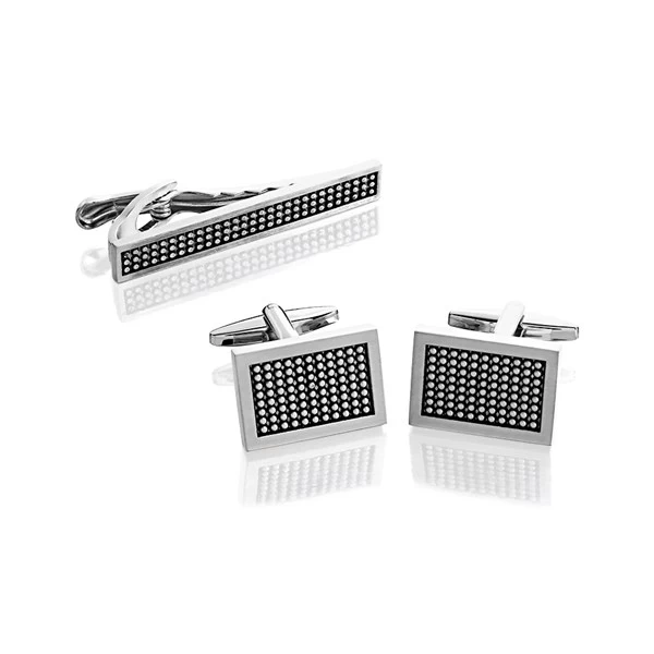 Brushed Rhodium And Black Enamel Cufflink And Tie Bar Set - A45116