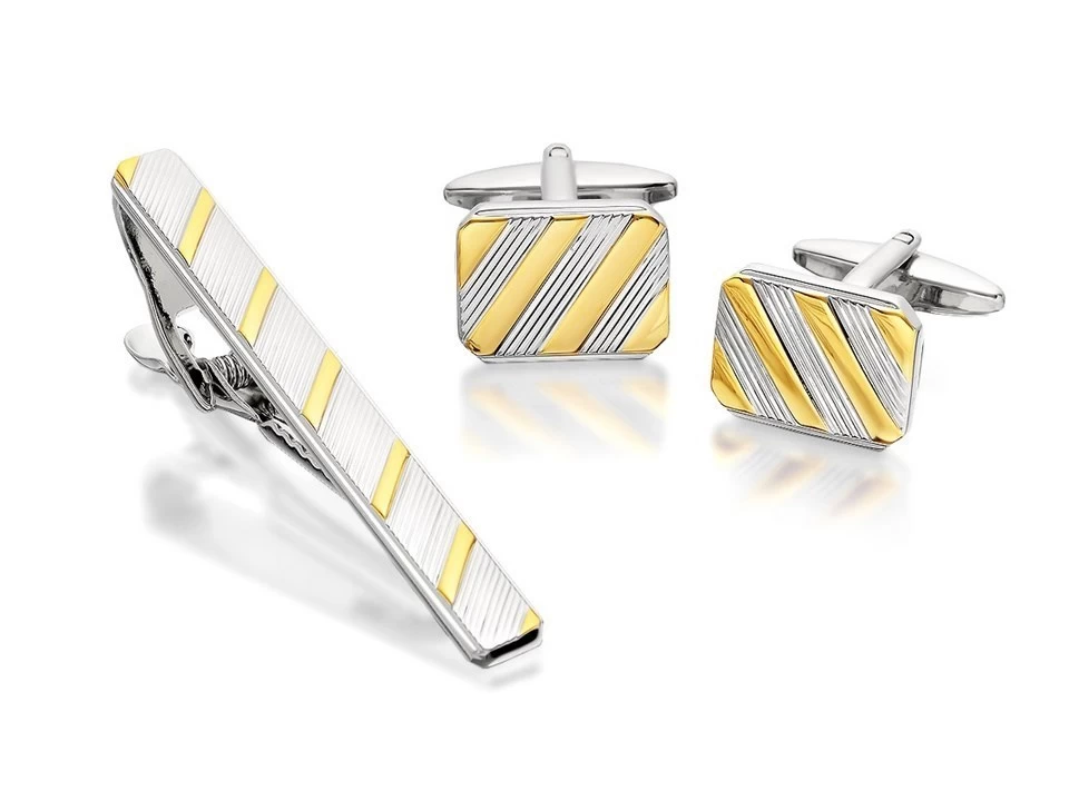 Two Tone Striped Cufflink And Tie Slide Set - A4563