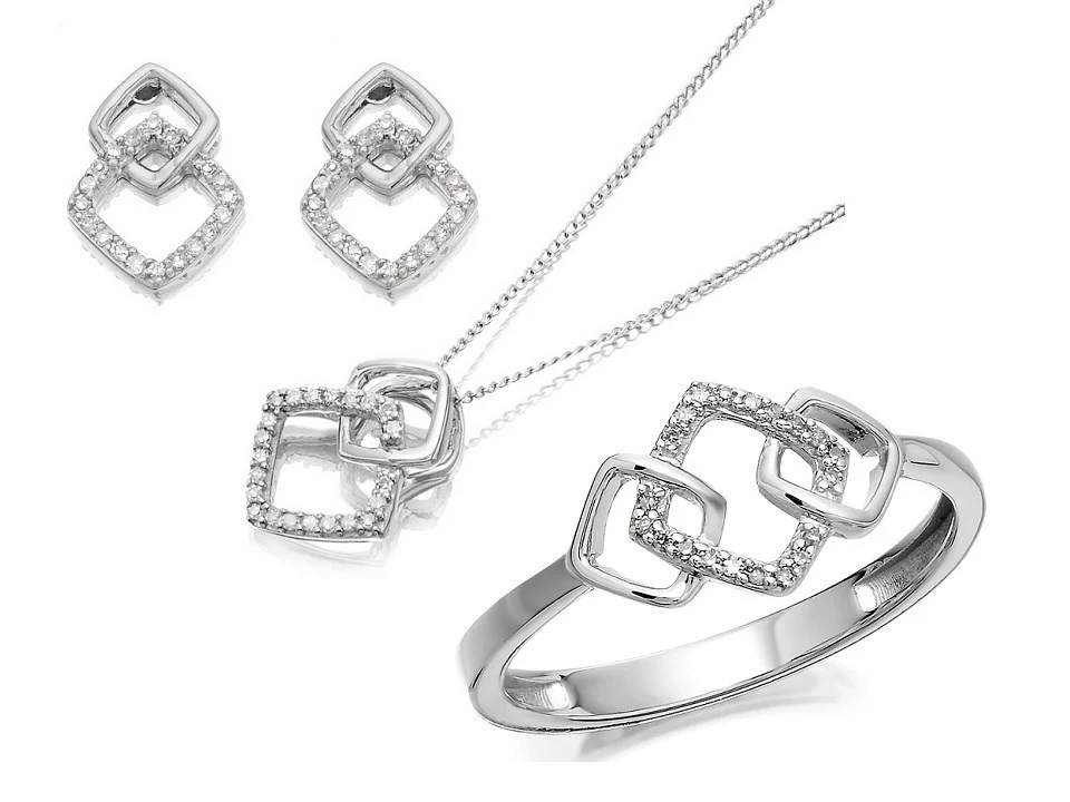 9ct White Gold Diamond Ring, Earrings And Necklace Gift Set - 15pts - D8605