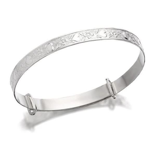 Silver Hearts And Flowers Expanding Baby Bangle - F2637