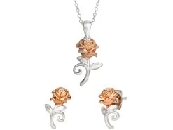 Disney Silver And Rose Plated Beauty And The Beast Necklace And Earrings Set - F6740