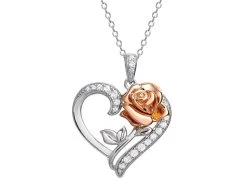 Disney Silver And Rose Plated Rose Heart Necklace - F6741