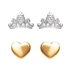 Disney Silver Gold Tone Princess And Crown Stud Earring Set - F6758