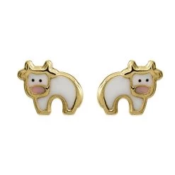 9ct Gold Enamel Cow Stud Earrings - 8mm - G0849