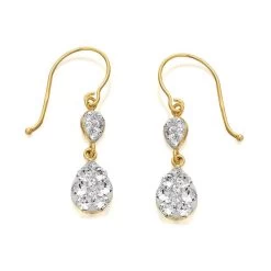 9ct Gold Crystal Double Teardrop Hook Wire Earrings - 23mm Drop - G1005