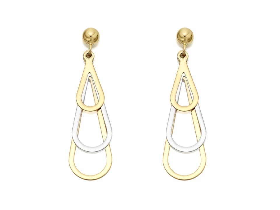 9ct Gold Two Colour Triple Teardrop Drop Earrings - 37mm Drop - G1429