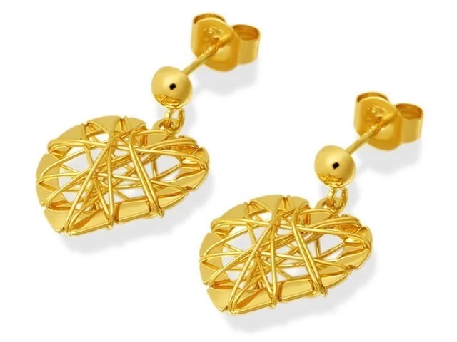 9ct Gold Heart Wire Drop Earrings - 15mm Drop - G1614 - Image 2