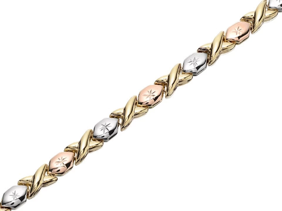 9ct Gold Three Colour Kisses Bracelet - 7.25in - EXCLUSIVE - G6428