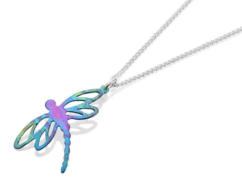 Ti2 Titanium Rainbow Dragonfly Pendant And Silver Chain - J1904