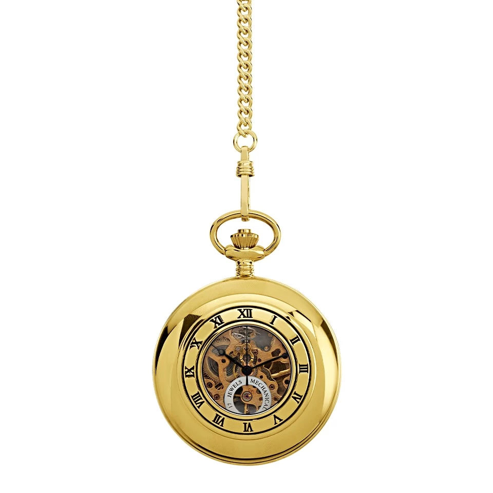 Jean Pierre G257PM Gold Plated Half Hunter Skeleton Pocket Watch - W2223
